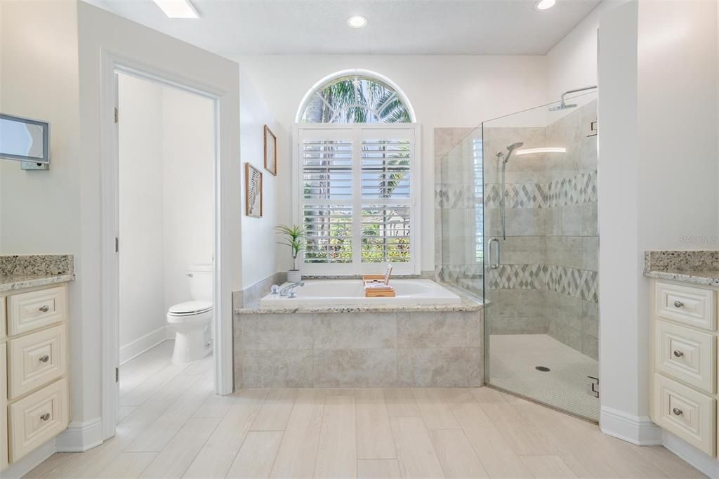 Bathroom, Glass Shower, Interior, Recessed Lighting, Wood Texture Flooring