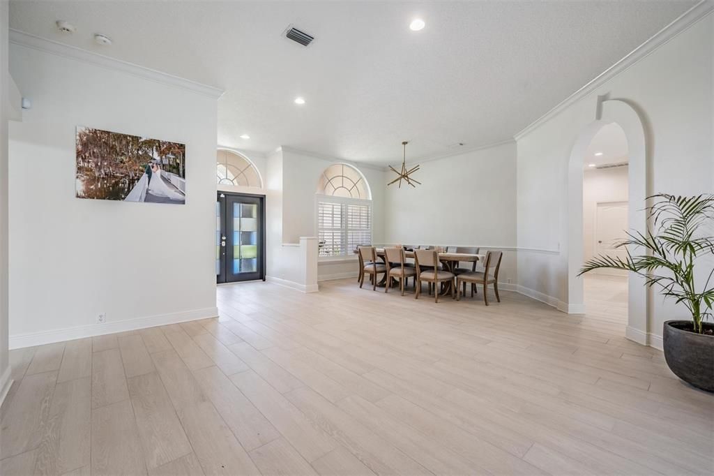 Dining room, Interior, Pendant Lights, Recessed Lighting, Wood Texture Flooring