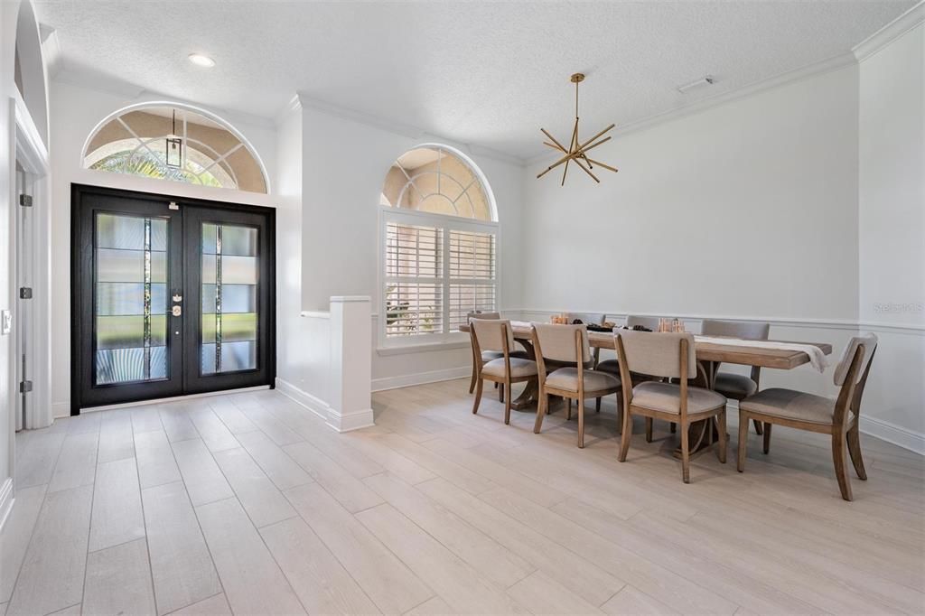 Dining room, Interior, Pendant Lights, Recessed Lighting, Wood Texture Flooring