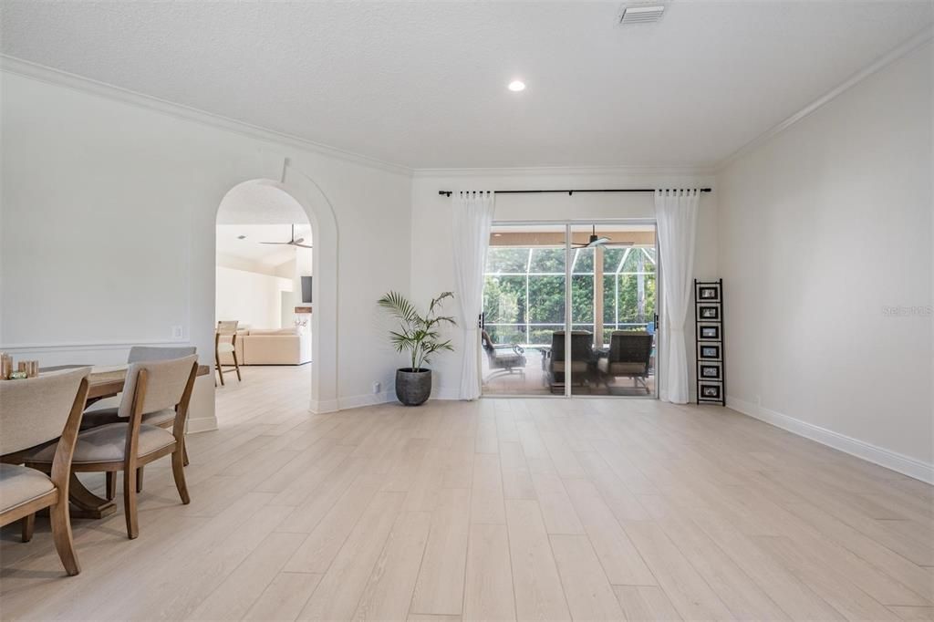 Dining room, Interior, Recessed Lighting, Wood Texture Flooring