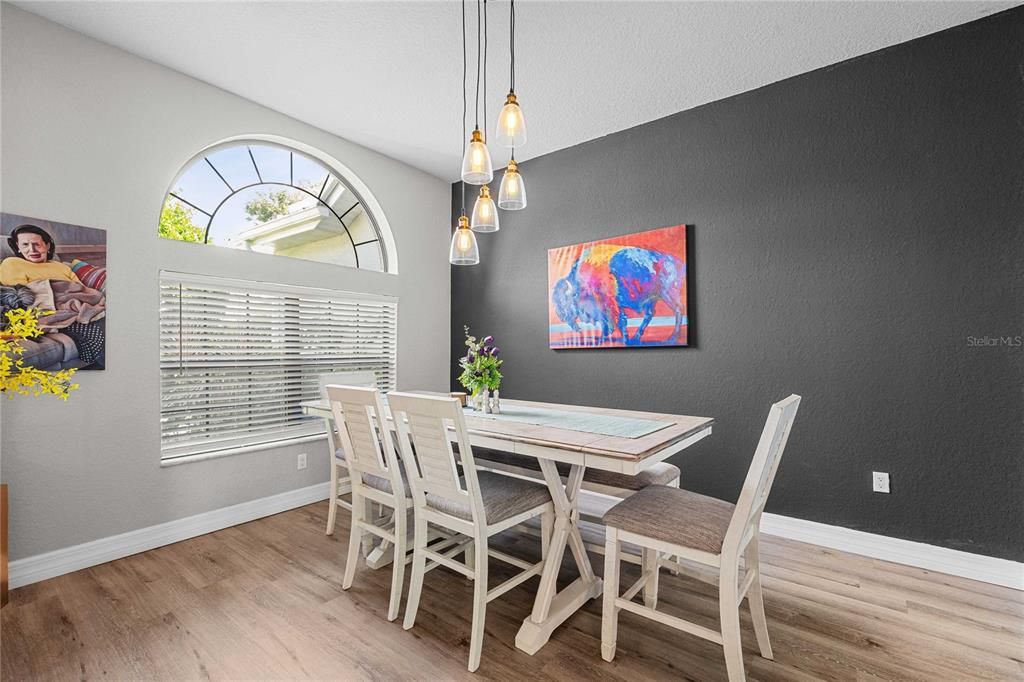 Dining room, Interior, Pendant Lights, Wood Texture Flooring