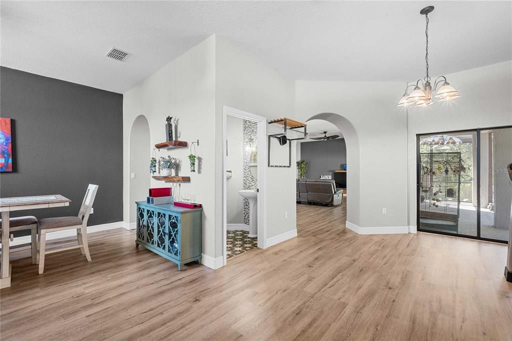 Chandelier, Dining room, Interior, Pendant Lights, Wood Texture Flooring