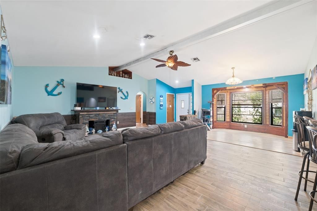 Fireplace, Interior, Living room, Recessed Lighting, Wood Texture Flooring
