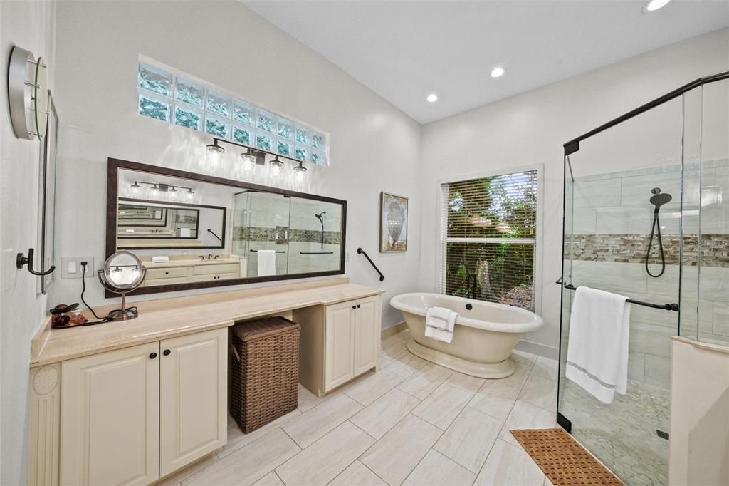 Bathroom, Dual Sink Vanities, Free Standing Baths, Glass Shower, Interior, Recessed Lighting