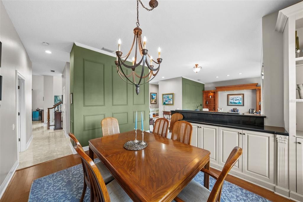Chandelier, Dining room, Interior, Recessed Lighting, Wood Texture Flooring