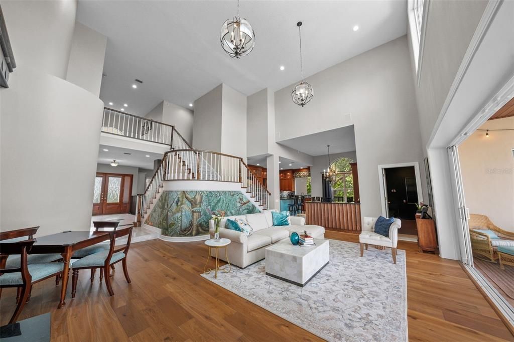 Dining room, Interior, Living room, Pendant Lights, Recessed Lighting, Wood Texture Flooring