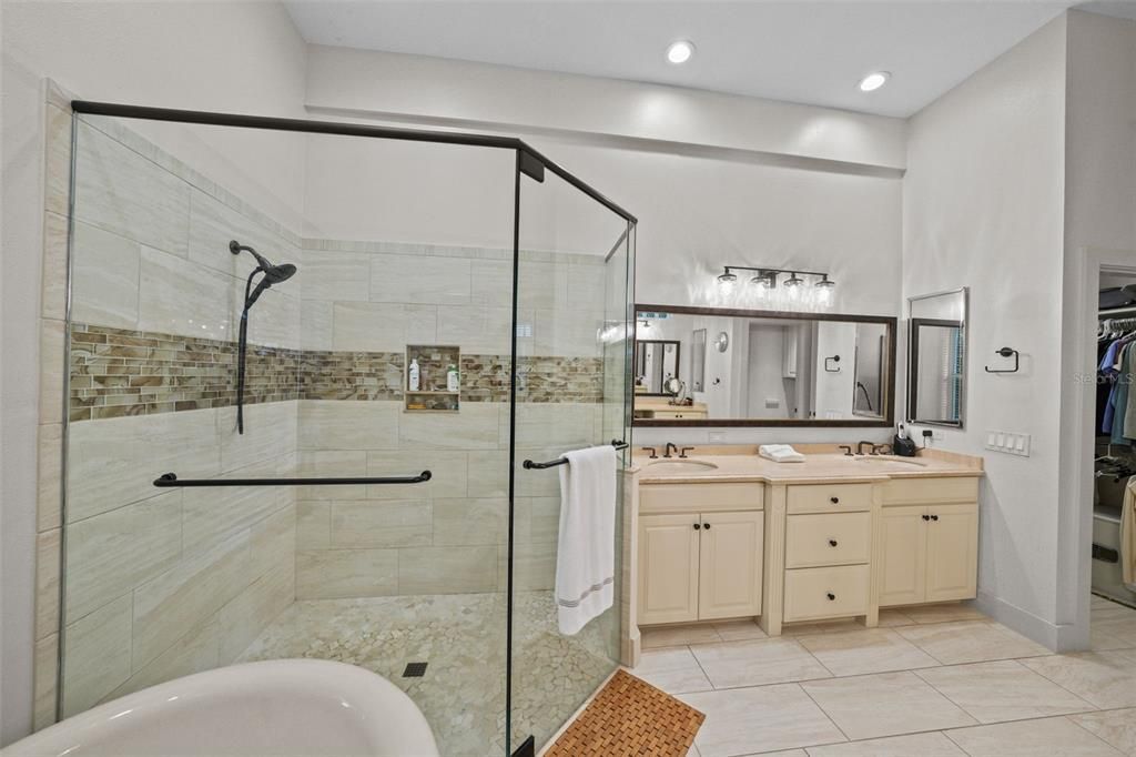 Bathroom, Dual Sink Vanities, Glass Shower, Interior, Recessed Lighting