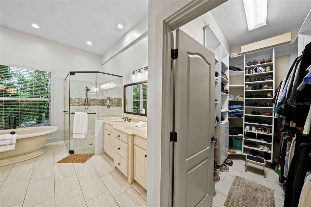 Bathroom, Dual Sink Vanities, Free Standing Baths, Glass Shower, Interior, Recessed Lighting, Walk-in Closets