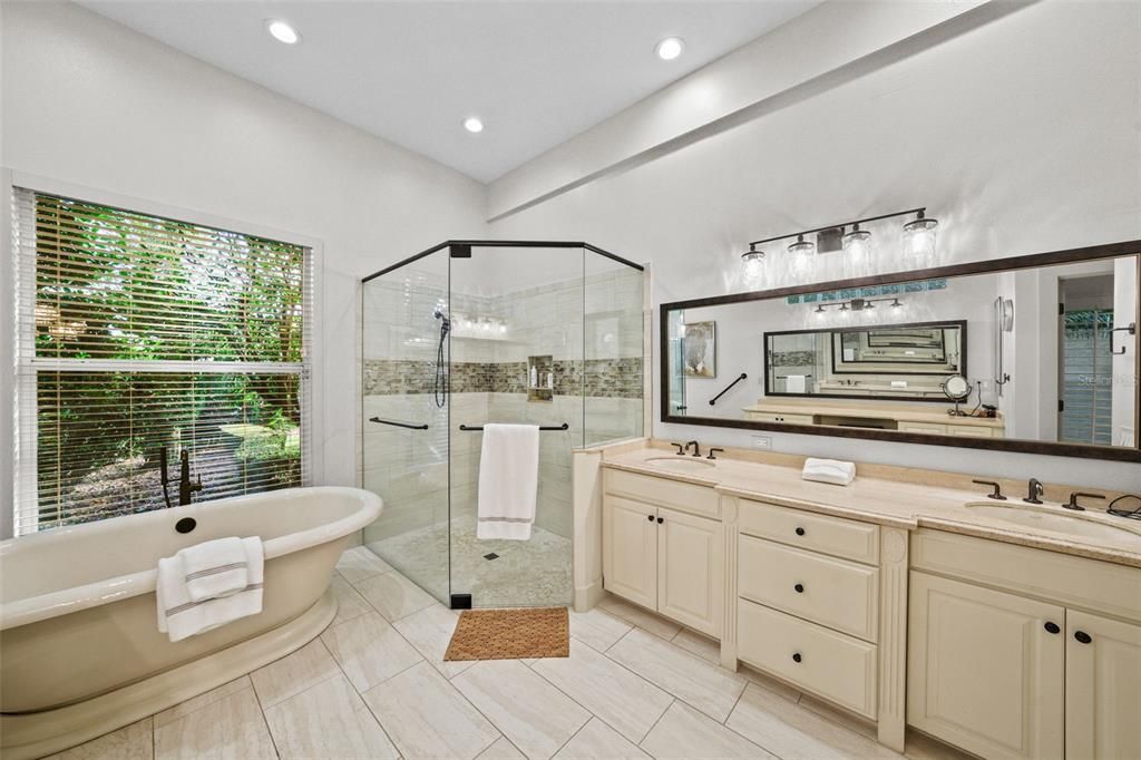 Bathroom, Dual Sink Vanities, Free Standing Baths, Glass Shower, Interior, Recessed Lighting