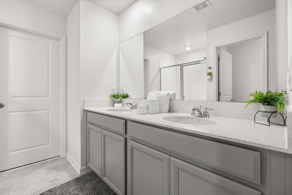 Bathroom, Dual Sink Vanities, Interior, Marble, Recessed Lighting