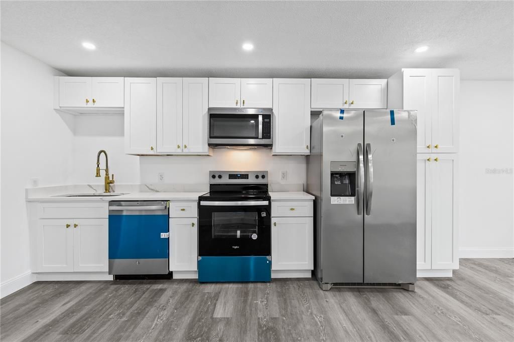 Interior, Kitchen, Recessed Lighting, Stainless Steel Appliances, Wood Texture Flooring