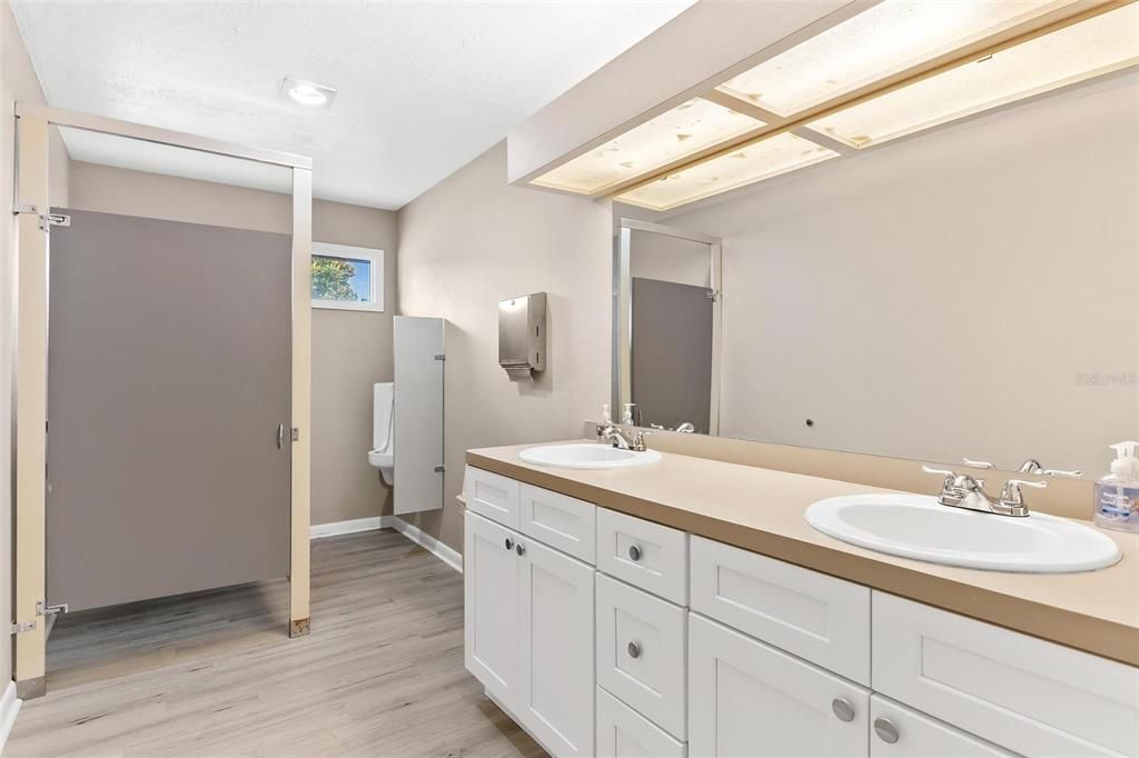 Bathroom, Dual Sink Vanities, Interior, Recessed Lighting, Wood Texture Flooring