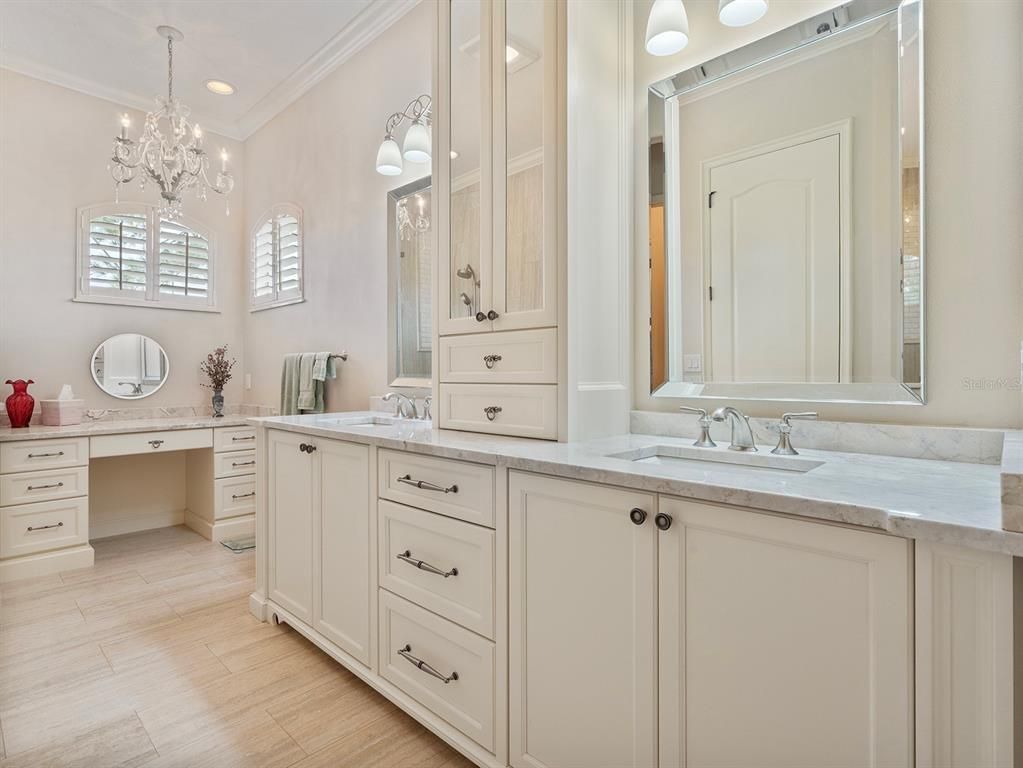 Bathroom, Chandelier, Dual Sink Vanities, Interior, Recessed Lighting, Wood Texture Flooring
