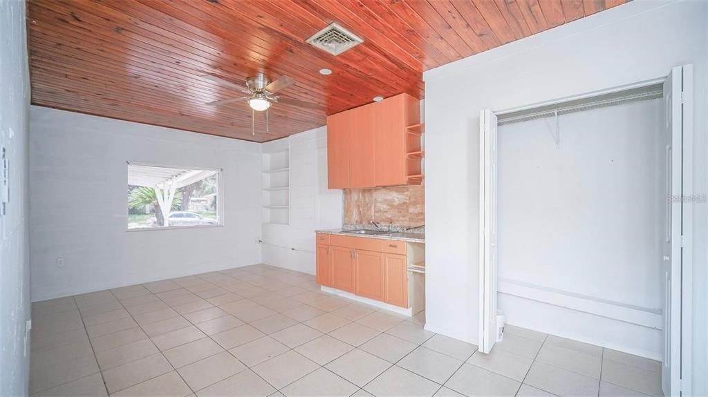 Empty room, Interior, Kitchen, Recessed Lighting, Wooden Ceilings
