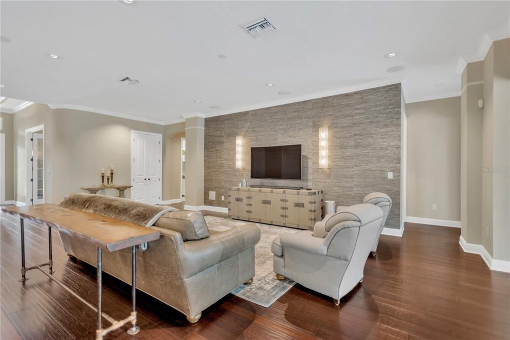 Interior, Living room, Recessed Lighting, Stone Walls, Wood Texture Flooring