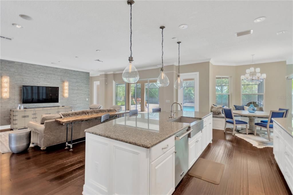 Chandelier, Dining room, Interior, Kitchen, Living room, Pendant Lights, Recessed Lighting, Wood Texture Flooring