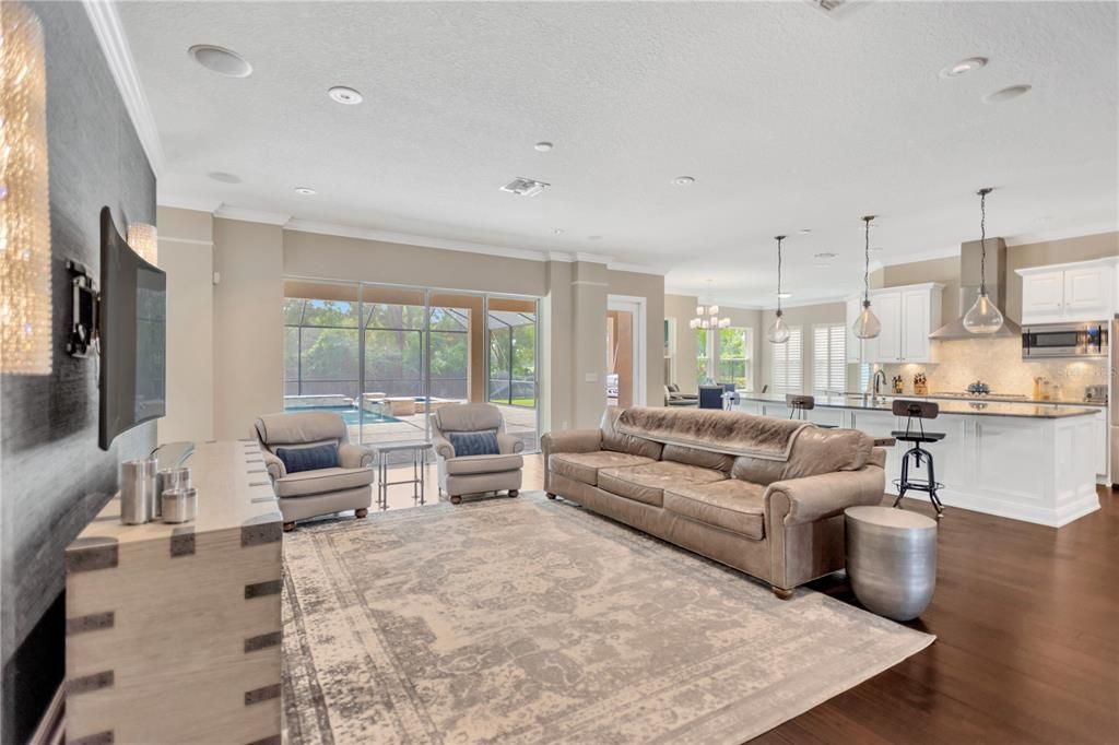 Interior, Kitchen, Living room, Pendant Lights, Recessed Lighting, Wood Texture Flooring