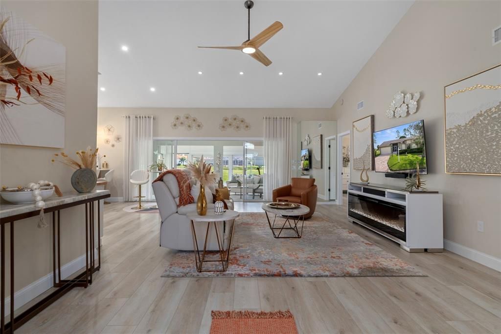 Interior, Living room, Recessed Lighting, Wood Texture Flooring