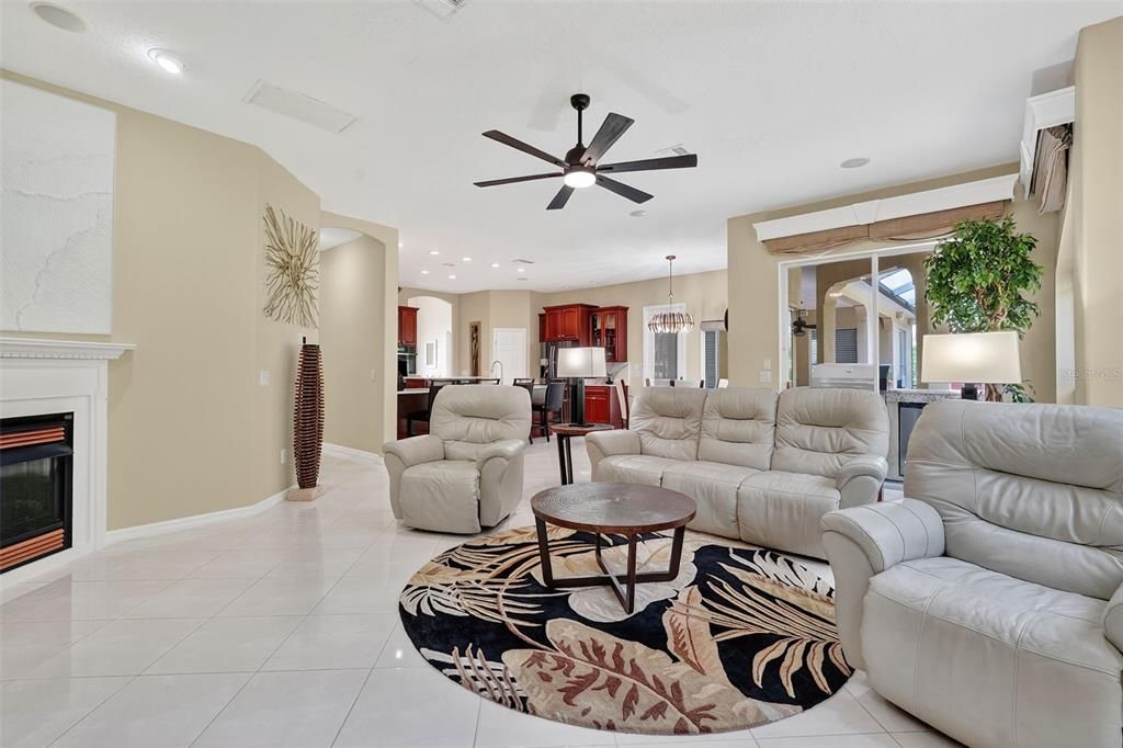 Dining room, Fireplace, Interior, Kitchen, Living room, Pendant Lights, Recessed Lighting
