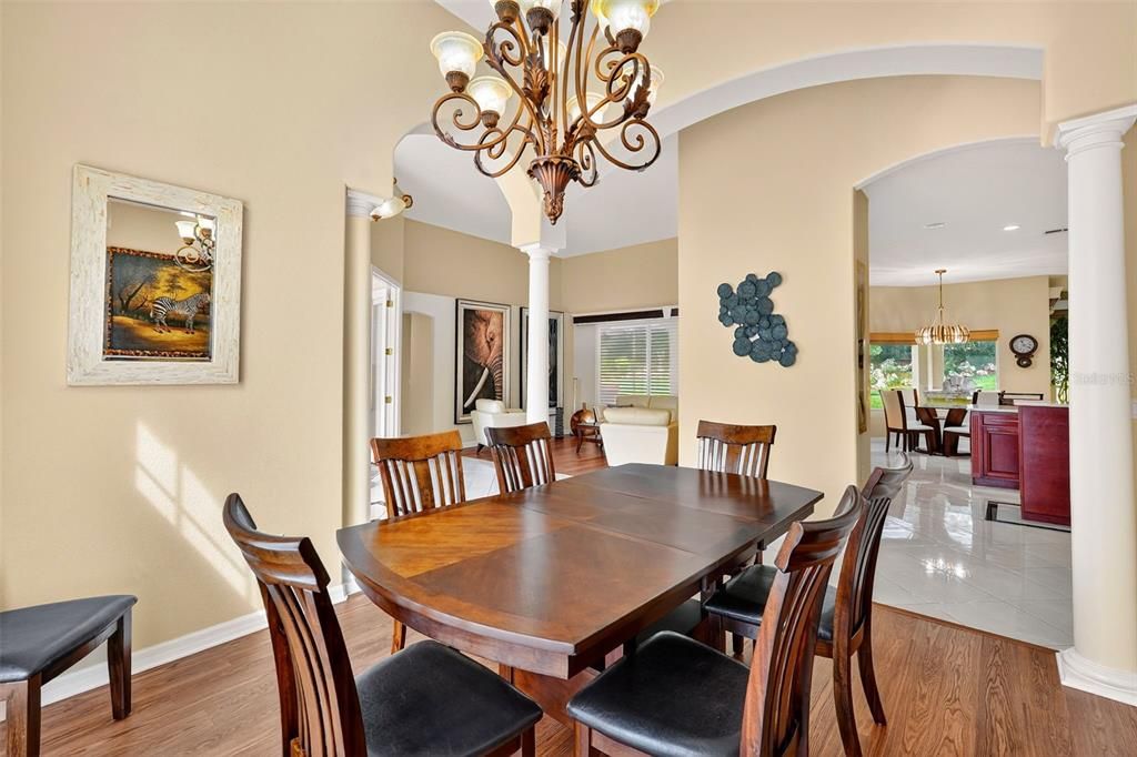 Chandelier, Dining room, Interior, Recessed Lighting, Wood Texture Flooring