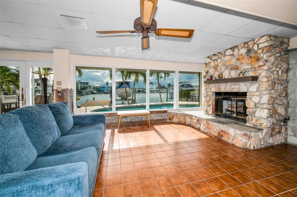 Fireplace, Interior, Living room, Stone Walls, Water