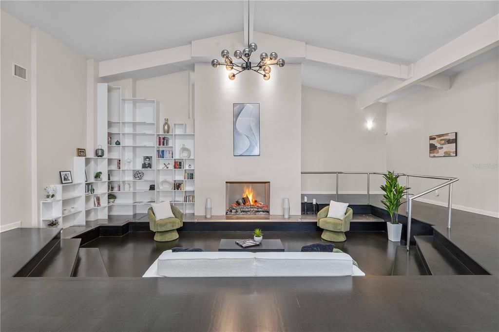 Fireplace, Interior, Living room, Pendant Lights, Wood Texture Flooring