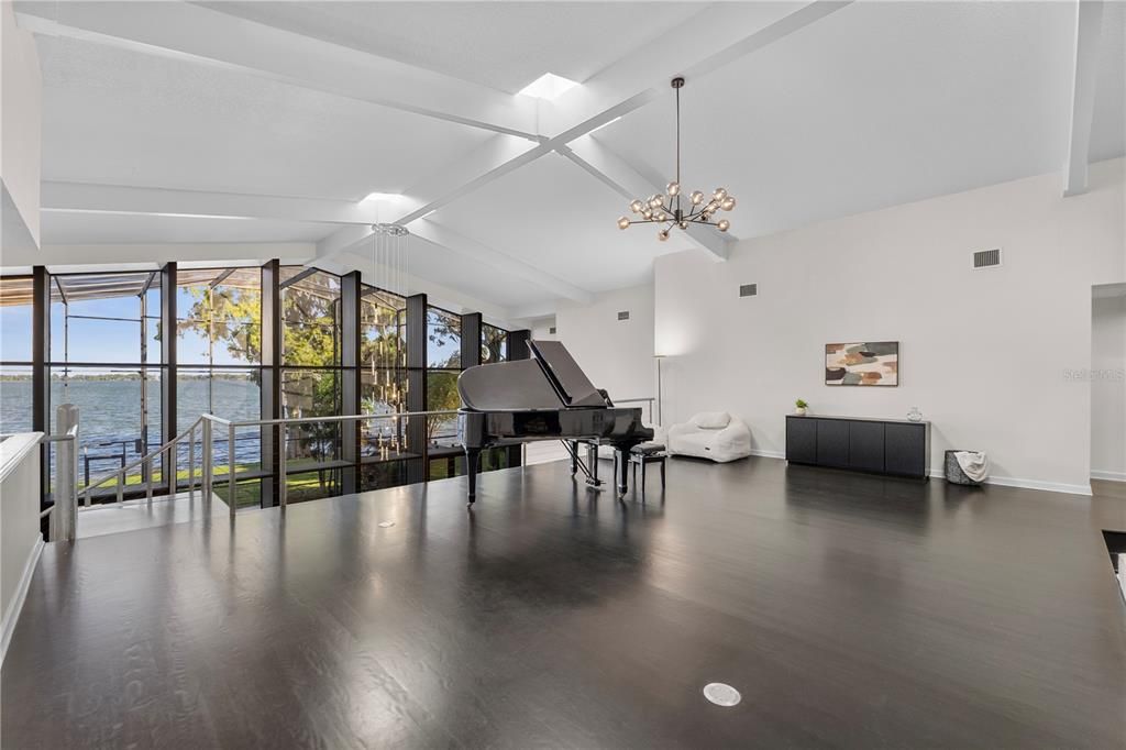 Interior, Pendant Lights, Piano, Water, Wood Texture Flooring