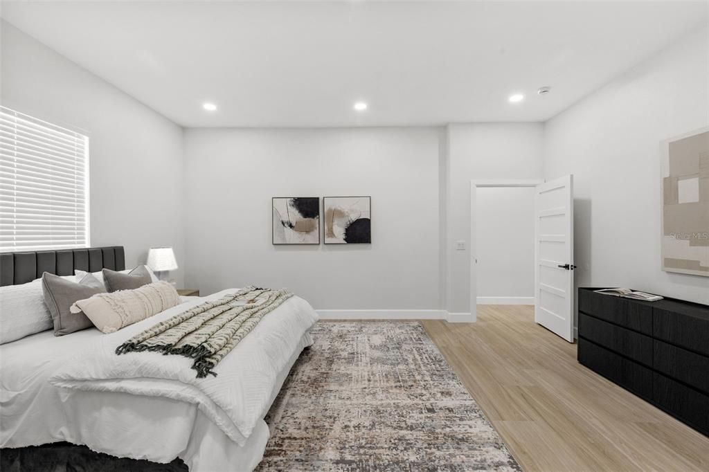 Bedroom, Interior, Recessed Lighting, Wood Texture Flooring