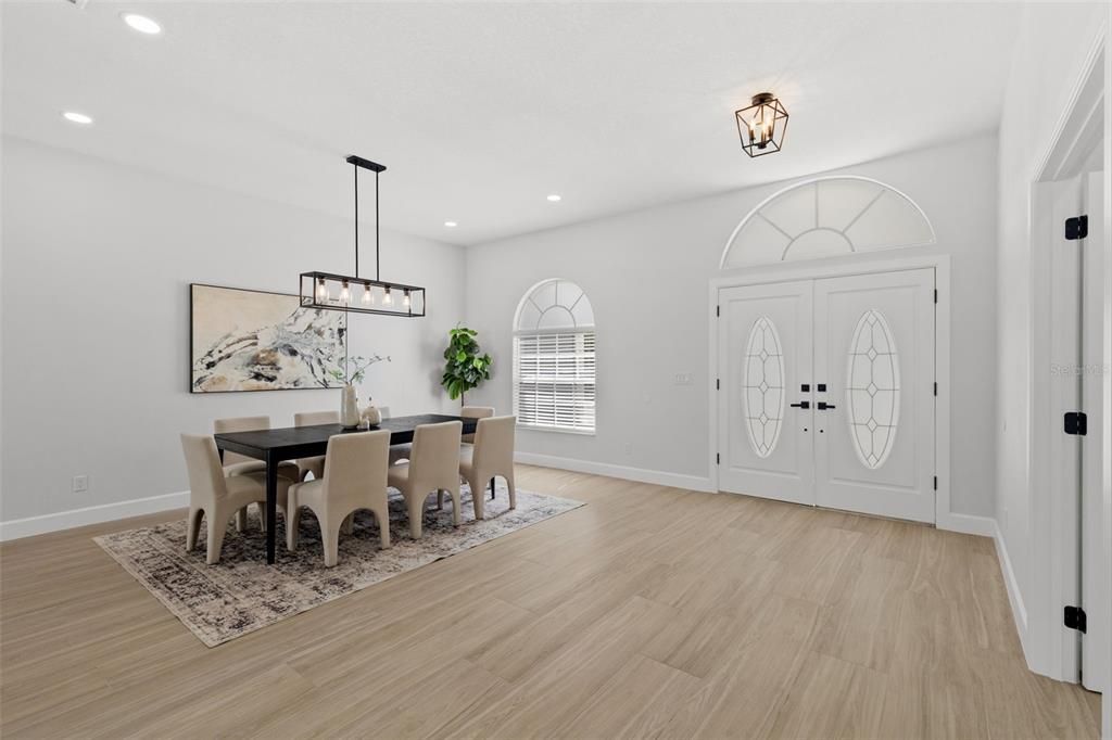 Dining room, Interior, Pendant Lights, Recessed Lighting, Wood Texture Flooring