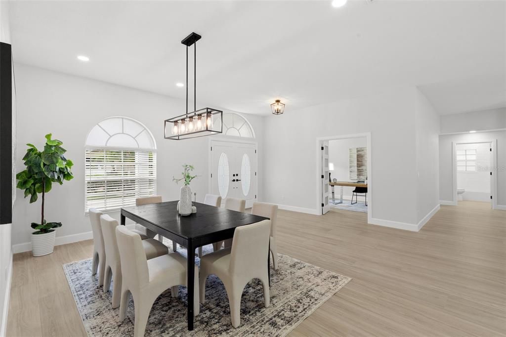 Dining room, Interior, Pendant Lights, Recessed Lighting, Wood Texture Flooring