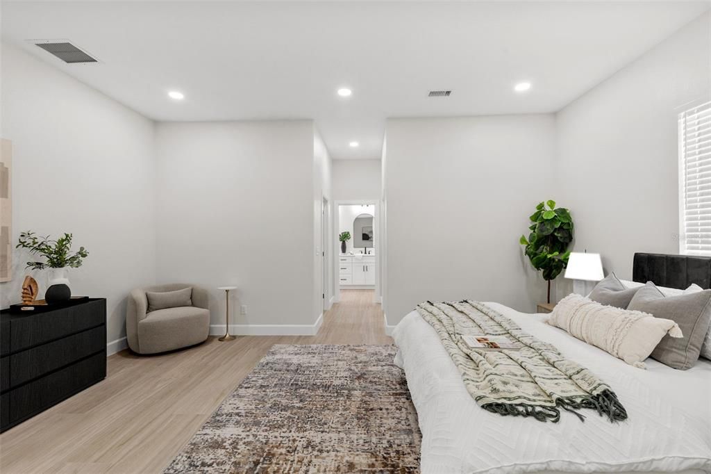 Bedroom, Interior, Recessed Lighting, Wood Texture Flooring