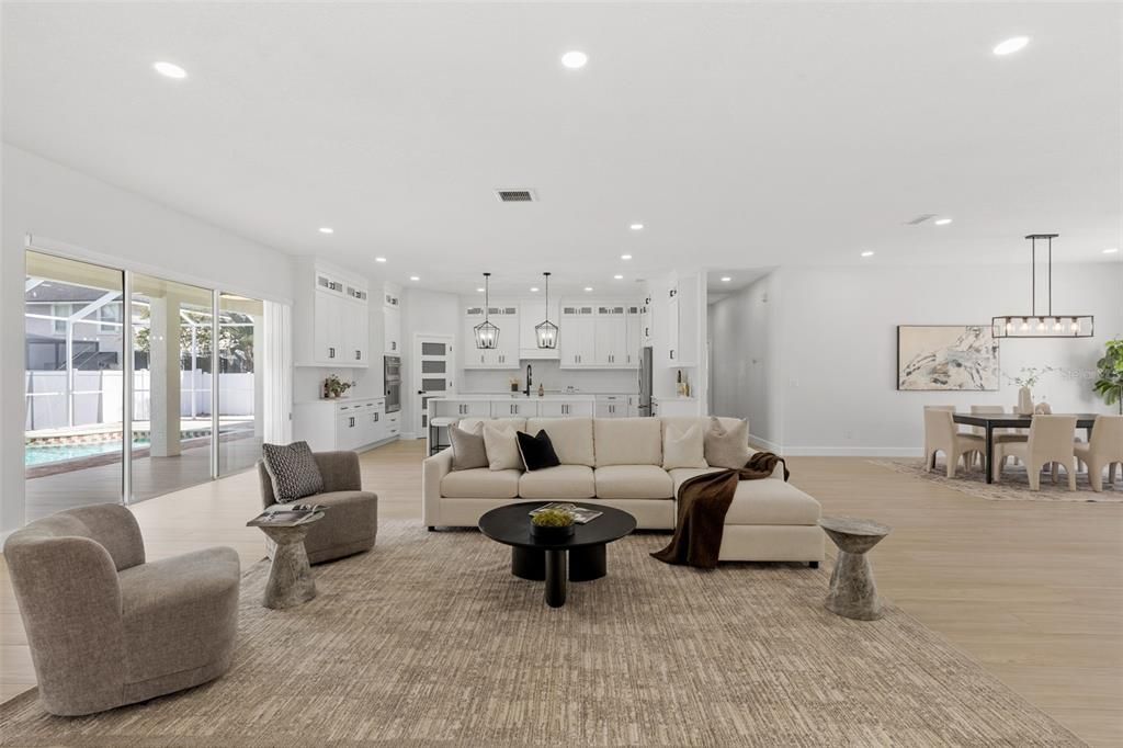 Dining room, Interior, Kitchen, Living room, Pendant Lights, Recessed Lighting, Wood Texture Flooring