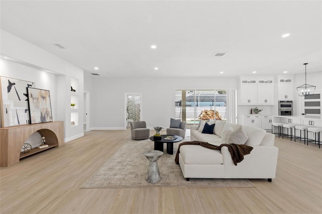 Interior, Kitchen, Living room, Pendant Lights, Recessed Lighting, Wood Texture Flooring