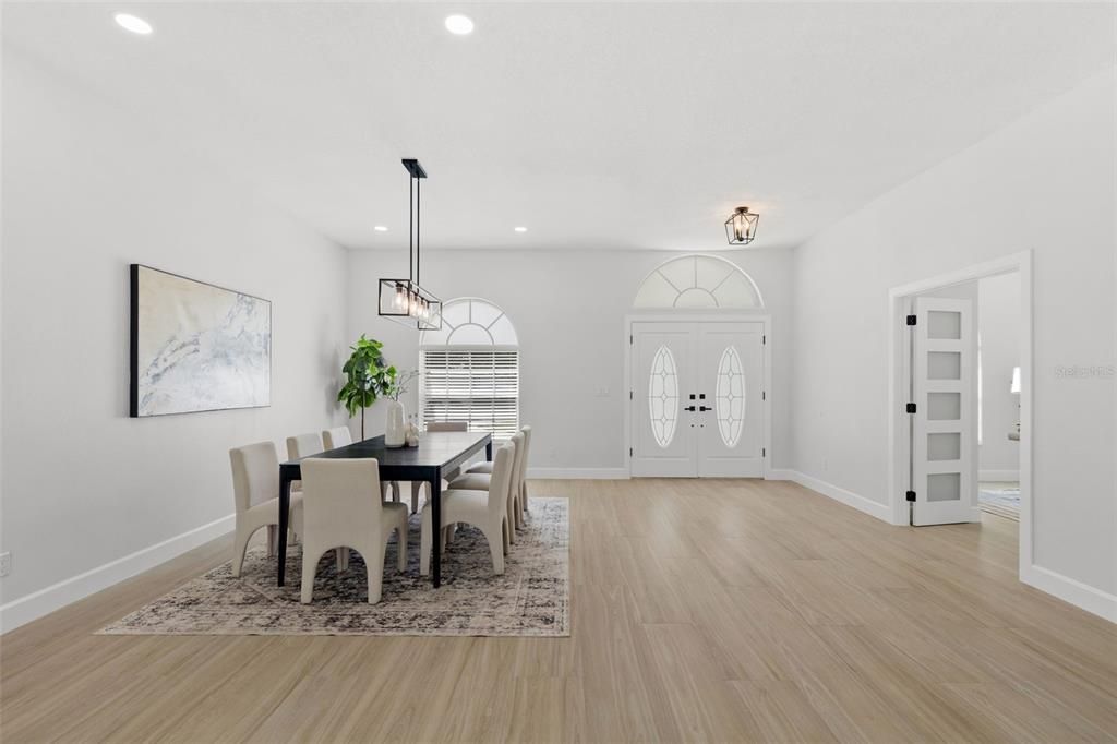 Dining room, Interior, Pendant Lights, Recessed Lighting, Wood Texture Flooring