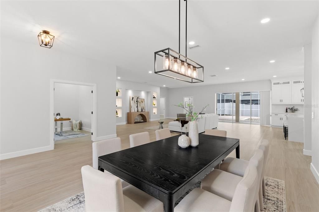 Dining room, Interior, Kitchen, Pendant Lights, Recessed Lighting, Wood Texture Flooring