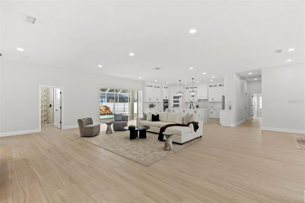 Interior, Kitchen, Living room, Pendant Lights, Recessed Lighting, Wood Texture Flooring