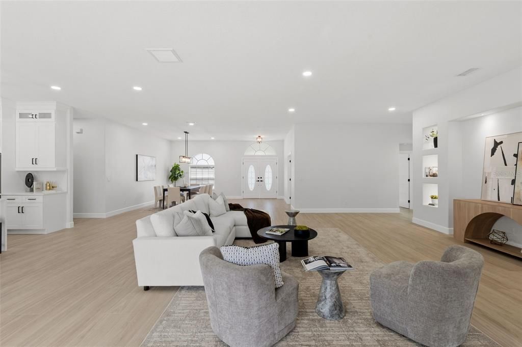 Dining room, Interior, Living room, Pendant Lights, Recessed Lighting, Wood Texture Flooring