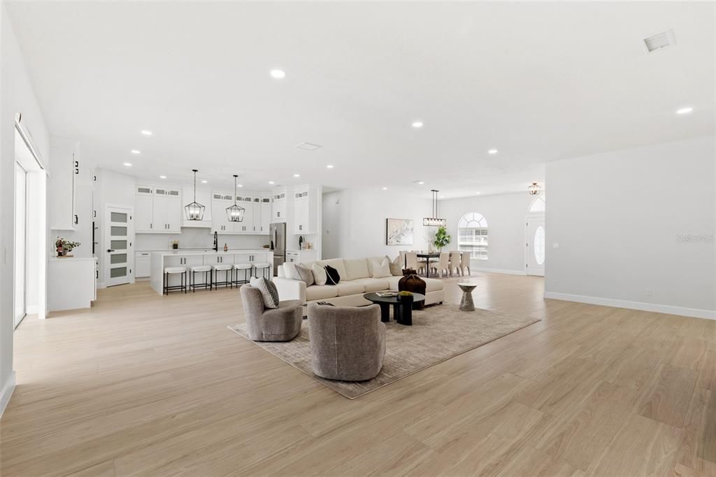 Dining room, Interior, Kitchen, Living room, Pendant Lights, Recessed Lighting, Wood Texture Flooring