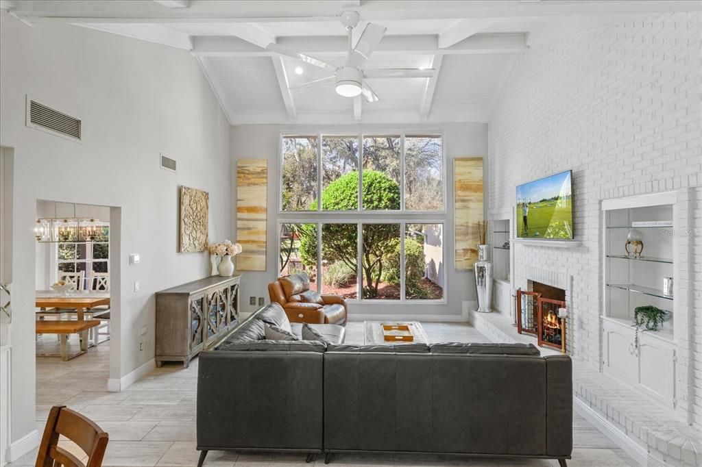 Dining room, Fireplace, Interior, Living room, Recessed Lighting, Stone Walls