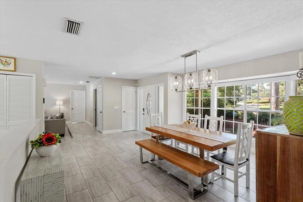 Dining room, Interior, Pendant Lights, Recessed Lighting, Wood Texture Flooring
