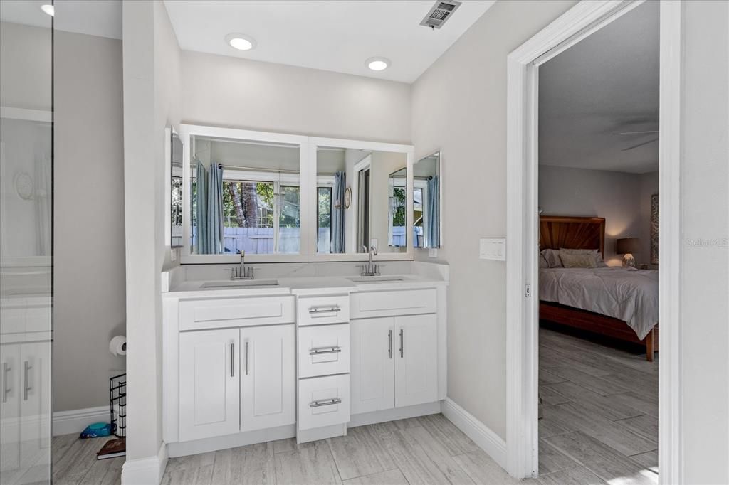 Bathroom, Bedroom, Dual Sink Vanities, Interior, Recessed Lighting, Wood Texture Flooring