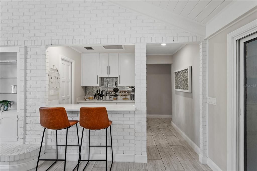 Interior, Kitchen, Recessed Lighting, Stone Walls, Wood Texture Flooring