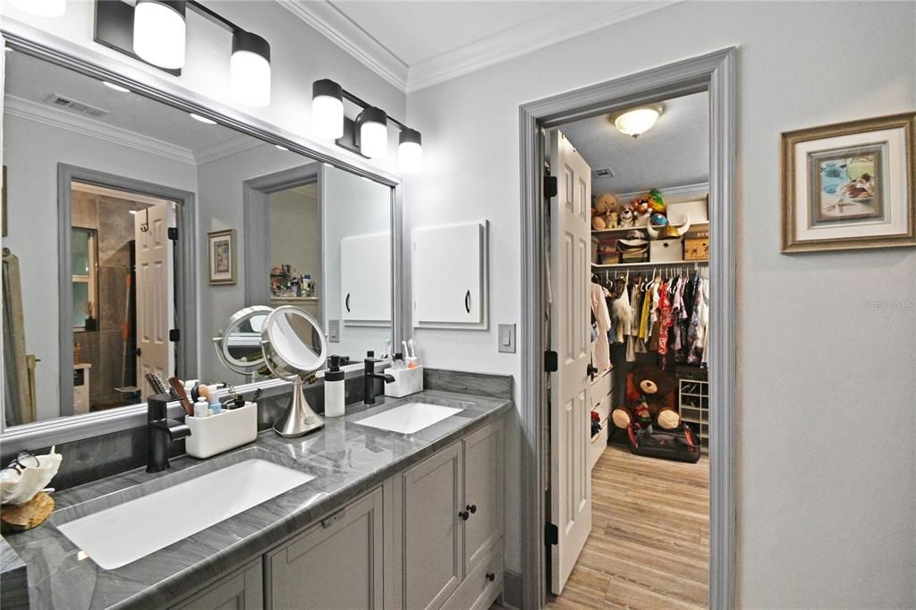 Bathroom, Dual Sink Vanities, Interior, Walk-in Closets, Wood Texture Flooring