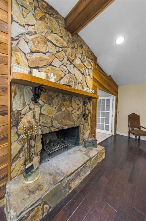 Fireplace, Interior, Recessed Lighting, Stone Walls, Wooden Beams, Wood Texture Flooring