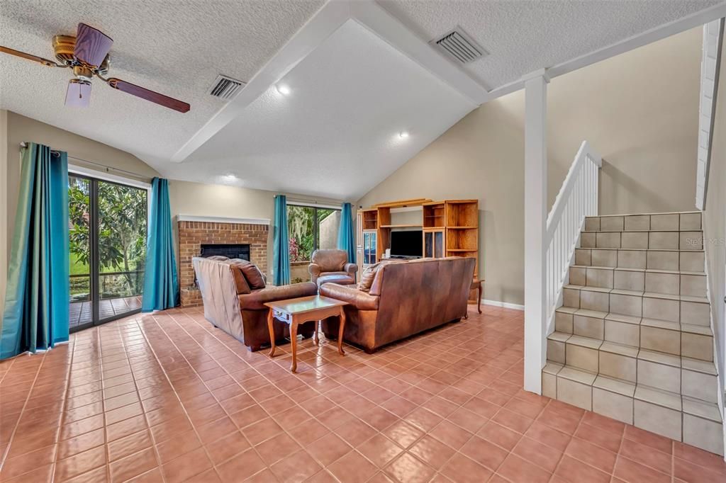 Fireplace, Interior, Living room, Recessed Lighting, Stone Walls