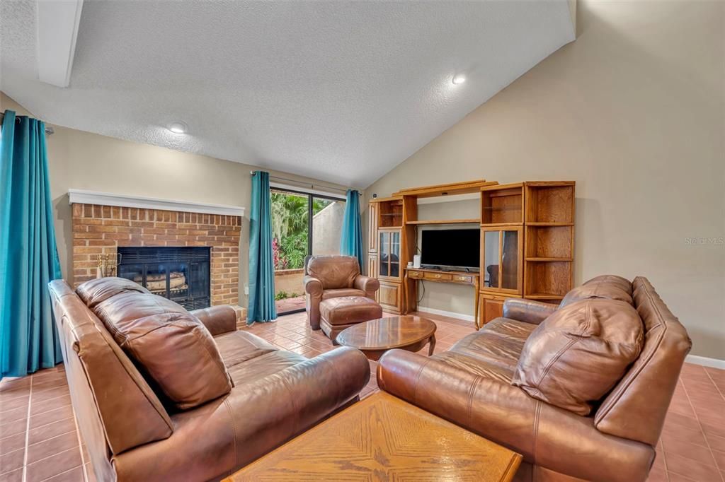 Fireplace, Interior, Living room, Recessed Lighting, Stone Walls