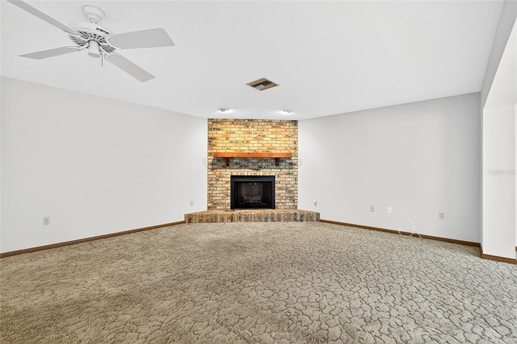 Empty room, Fireplace, Interior, Recessed Lighting, Stone Walls