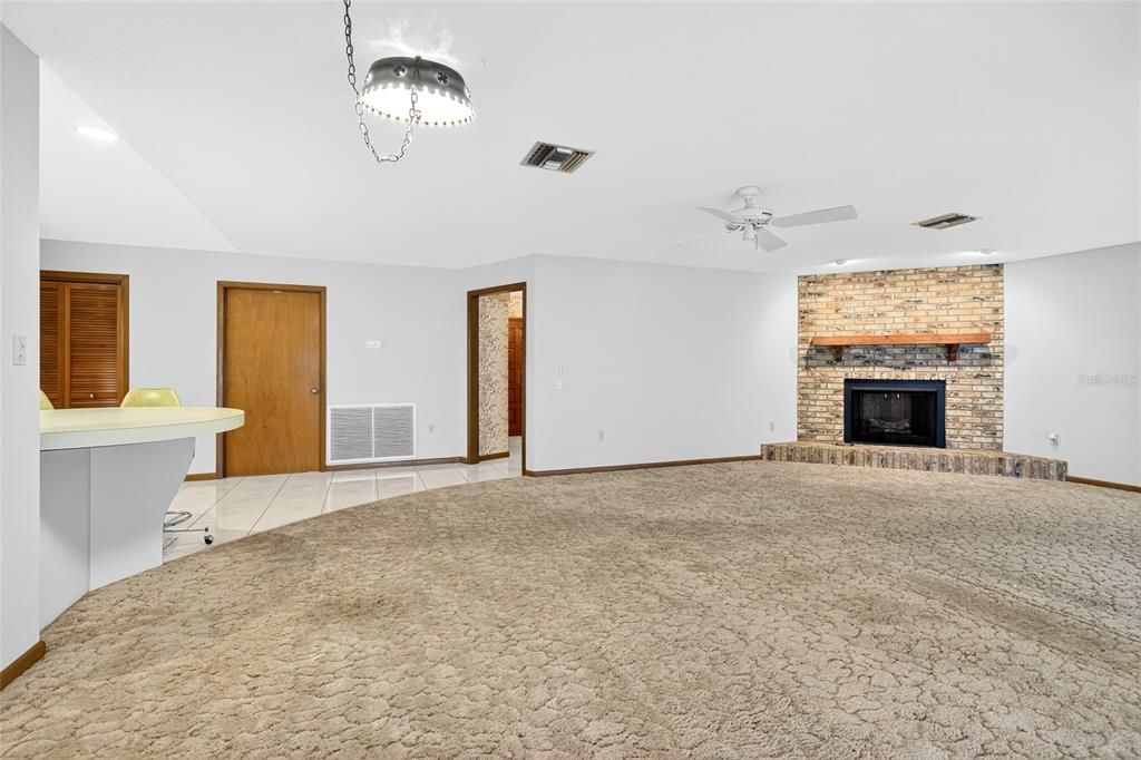 Empty room, Fireplace, Interior, Recessed Lighting, Stone Walls