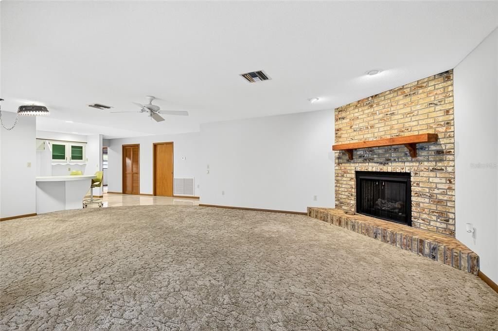 Empty room, Fireplace, Interior, Pendant Lights, Recessed Lighting, Stone Walls