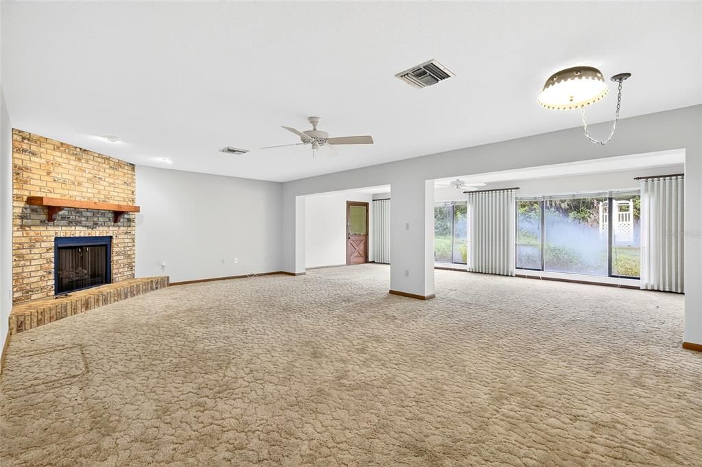 Empty room, Fireplace, Interior, Recessed Lighting, Stone Walls